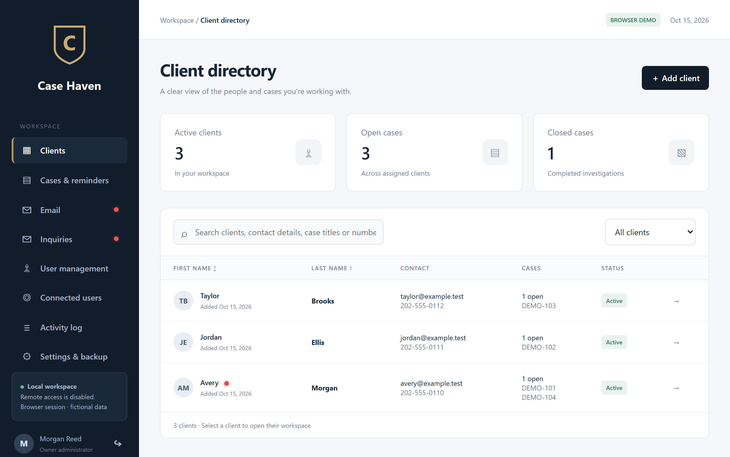 Casehaven client directory with navigation, case totals, and fictional clients